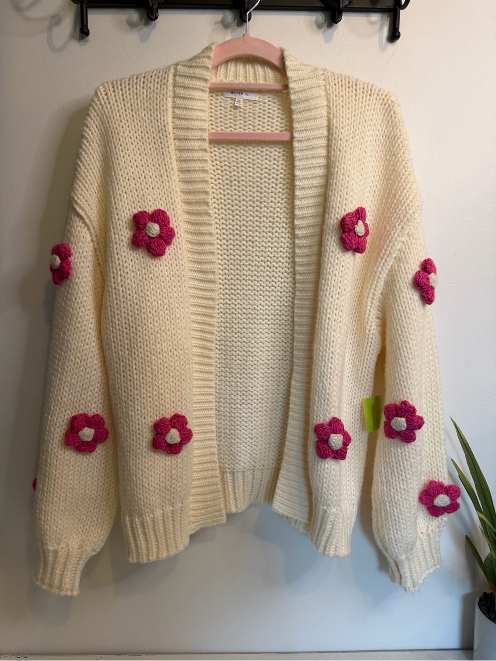 Better Be Cream Open-Front Cardigan with Pink Flower crochet NWT